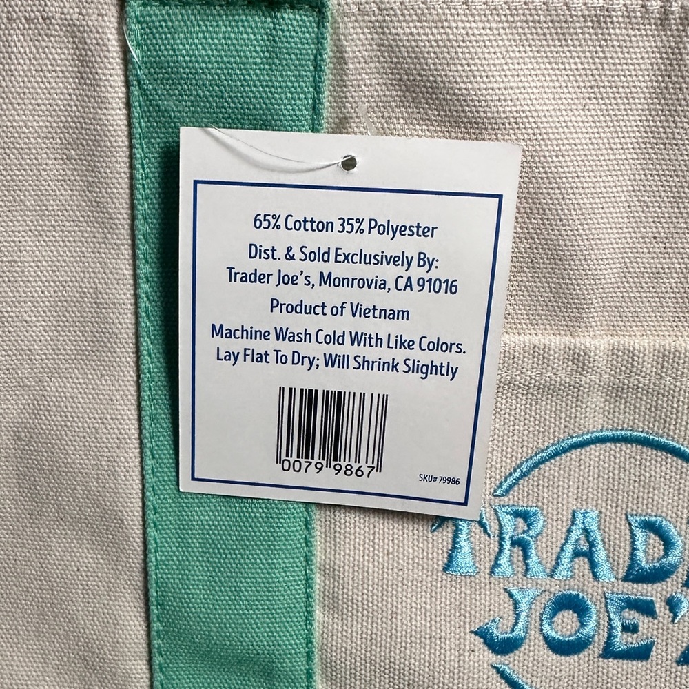 Trader Joe's Cream and Mint Green Canvas Tote - Picture 2 of 4